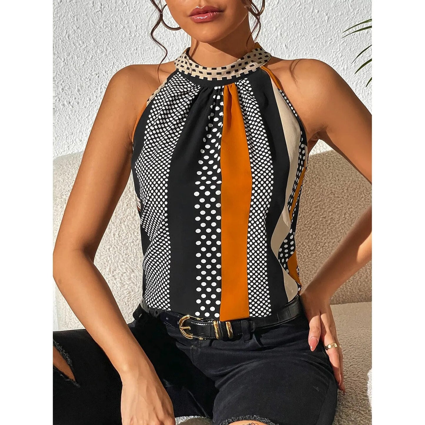 Women's Sleeveless Halter Top with Geometric Print and Keyhole Neck