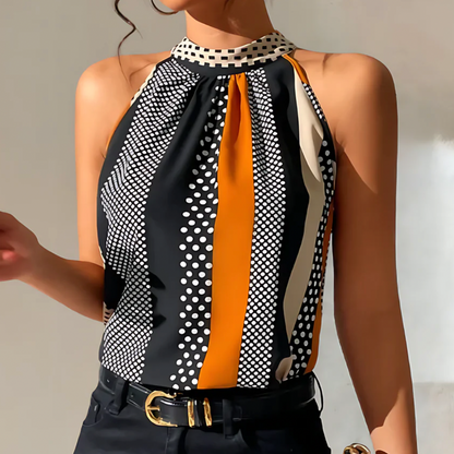 Women's Sleeveless Halter Top with Geometric Print and Keyhole Neck
