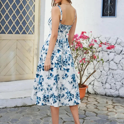 Women's Floral Midi Dress with Sweetheart Neck and Front Slit