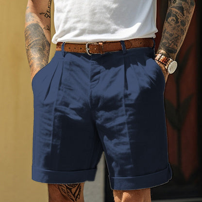 Men's Tailored Pleated Shorts with Cuffed Hem and Side Pockets