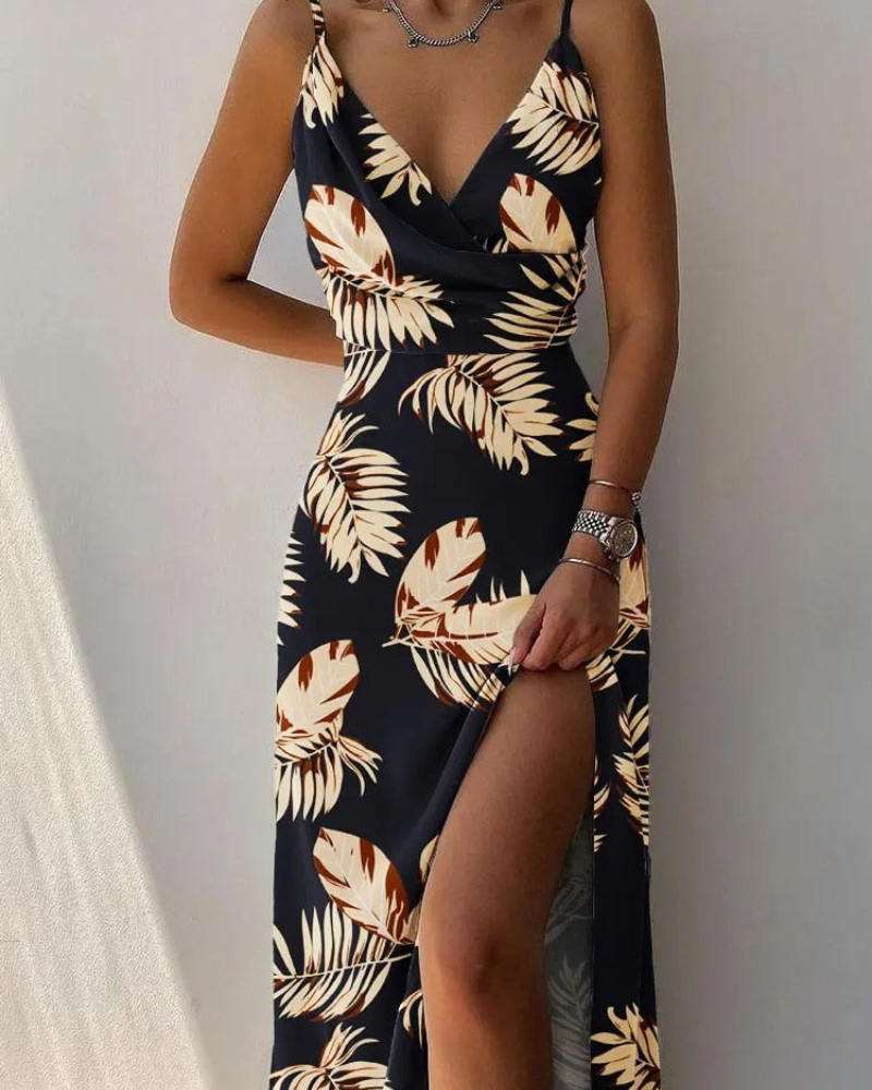 Women’s Spaghetti Strap Cowl Neck Maxi Dress with Side Slit