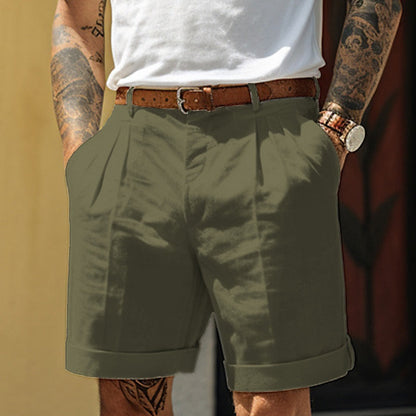 Men's Tailored Pleated Shorts with Cuffed Hem and Side Pockets