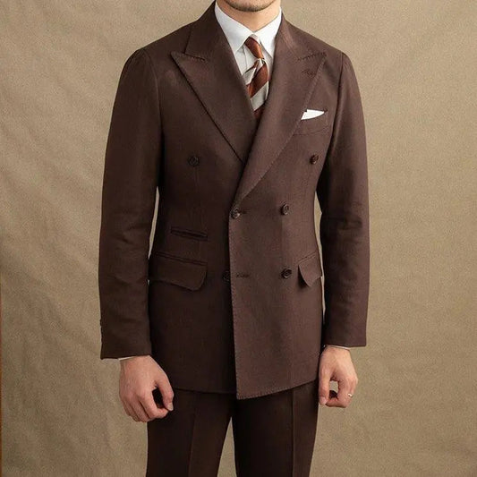 Men's Double Breasted Two Piece Suit Set with Peak Lapel Jacket and Trousers