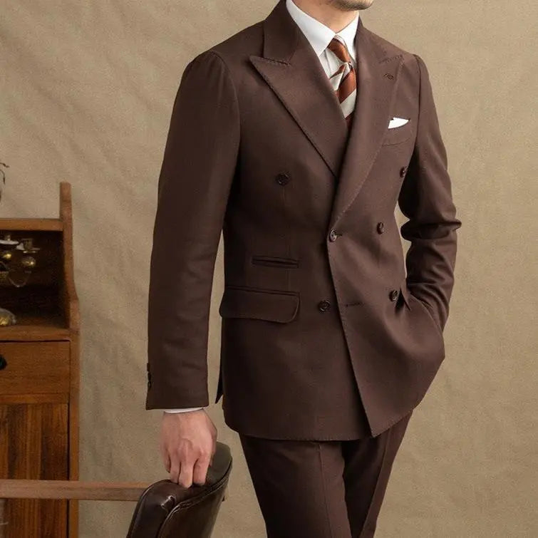 Men's Double Breasted Two Piece Suit Set with Peak Lapel Jacket and Trousers