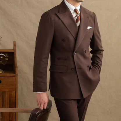 Men's Double Breasted Two Piece Suit Set with Peak Lapel Jacket and Trousers
