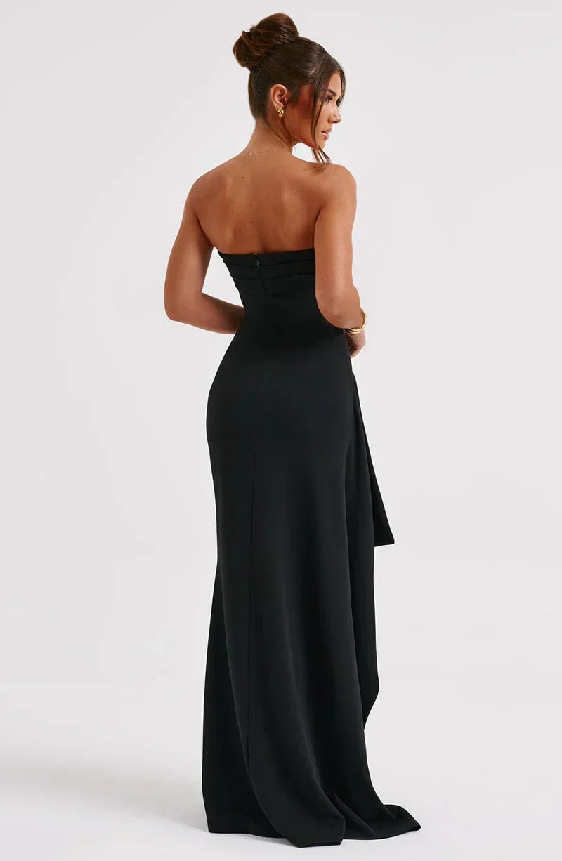 Women's Strapless Maxi Dress with Side Slit and Draped Skirt