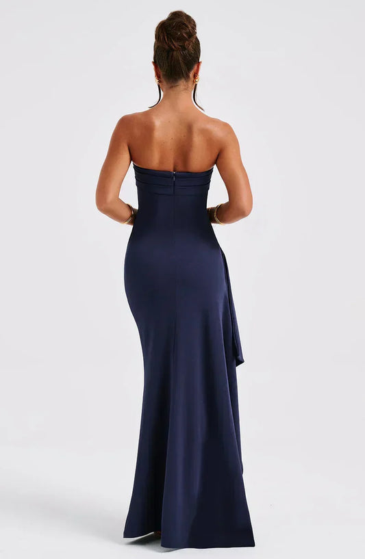 Women's Strapless Maxi Dress with Side Slit and Draped Skirt
