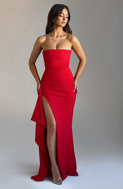 Women's Strapless Dress with Thigh-High Slit
