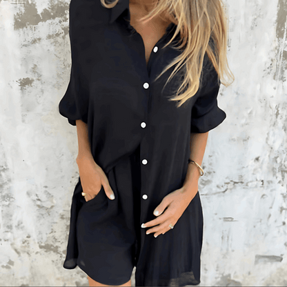 Women's Relaxed Two-Piece Outfit with Button Shirt and Shorts